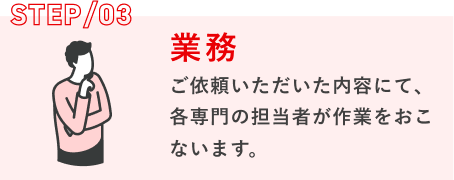 STEP/03 業務：ご依頼いただいた内容にて、各専門の担当者が作業をおこないます。